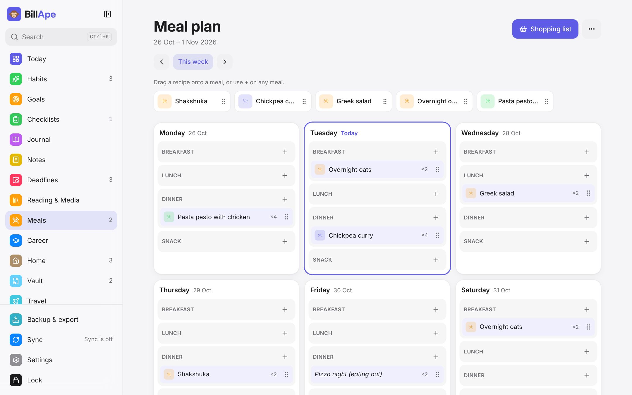Weekly meal plan